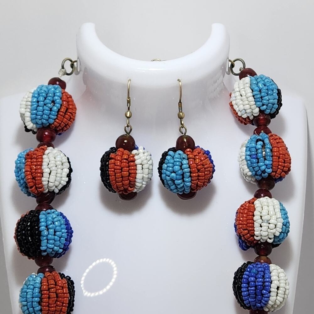 Striped Seed Bead Ball Multicolor Necklace and Earring Set - Picture 11 of 13